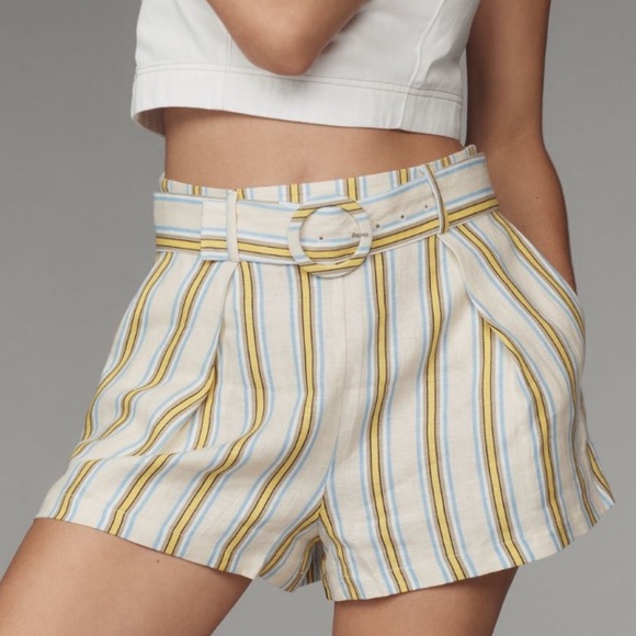 🟤NWT MAEVE by ANTHROPOLOGIE Linen Belted Shorts in Yellow/Blue/Off-White Sz 14